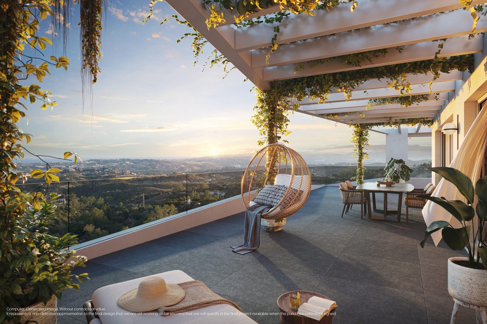Terrasse de luxe à Mijas avec vue sur la mer et fauteuil suspendu.