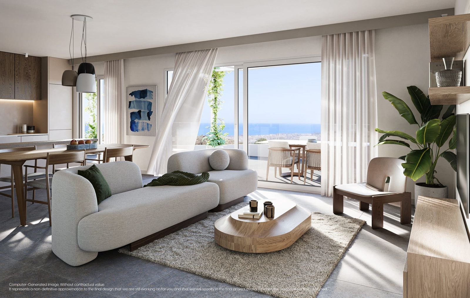 Salon lumineux avec vue sur mer à Mijas Seaviews, Espagne.