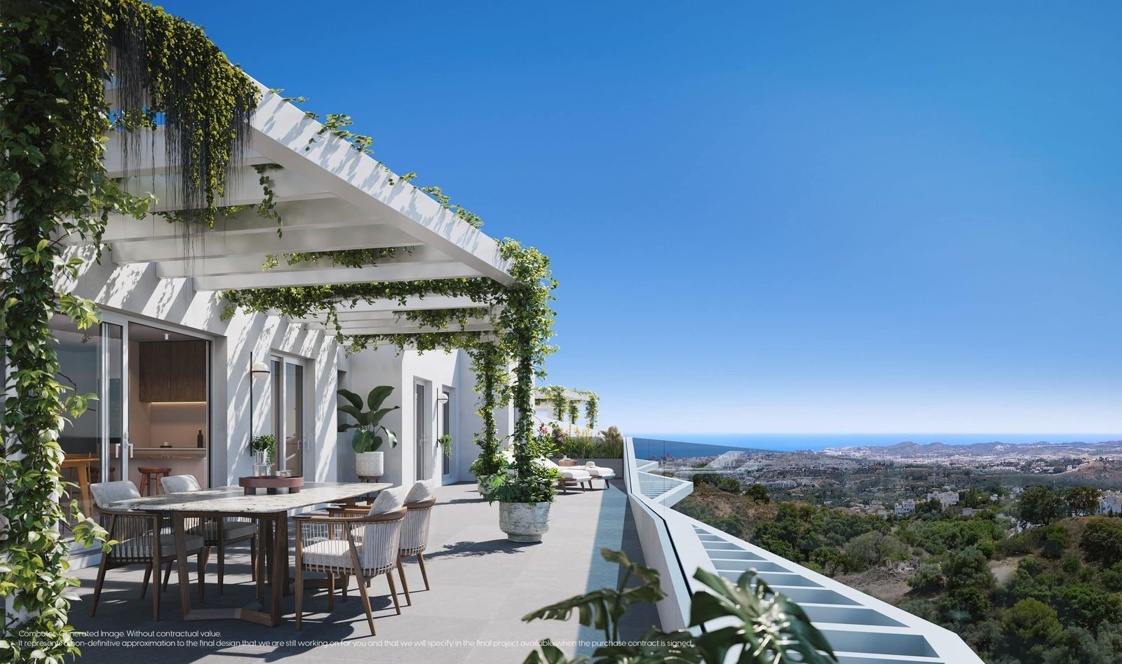 Terrasse spacieuse avec table à manger et vue sur la mer à Mijas, Espagne.
