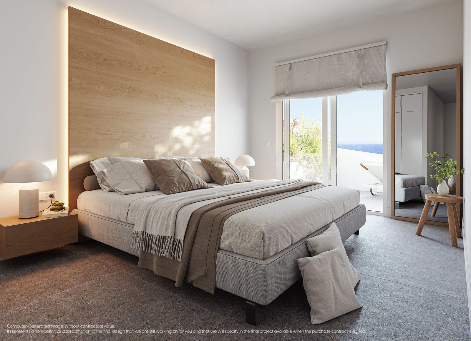Dormitorio moderno con vistas al mar en Mijas, España.