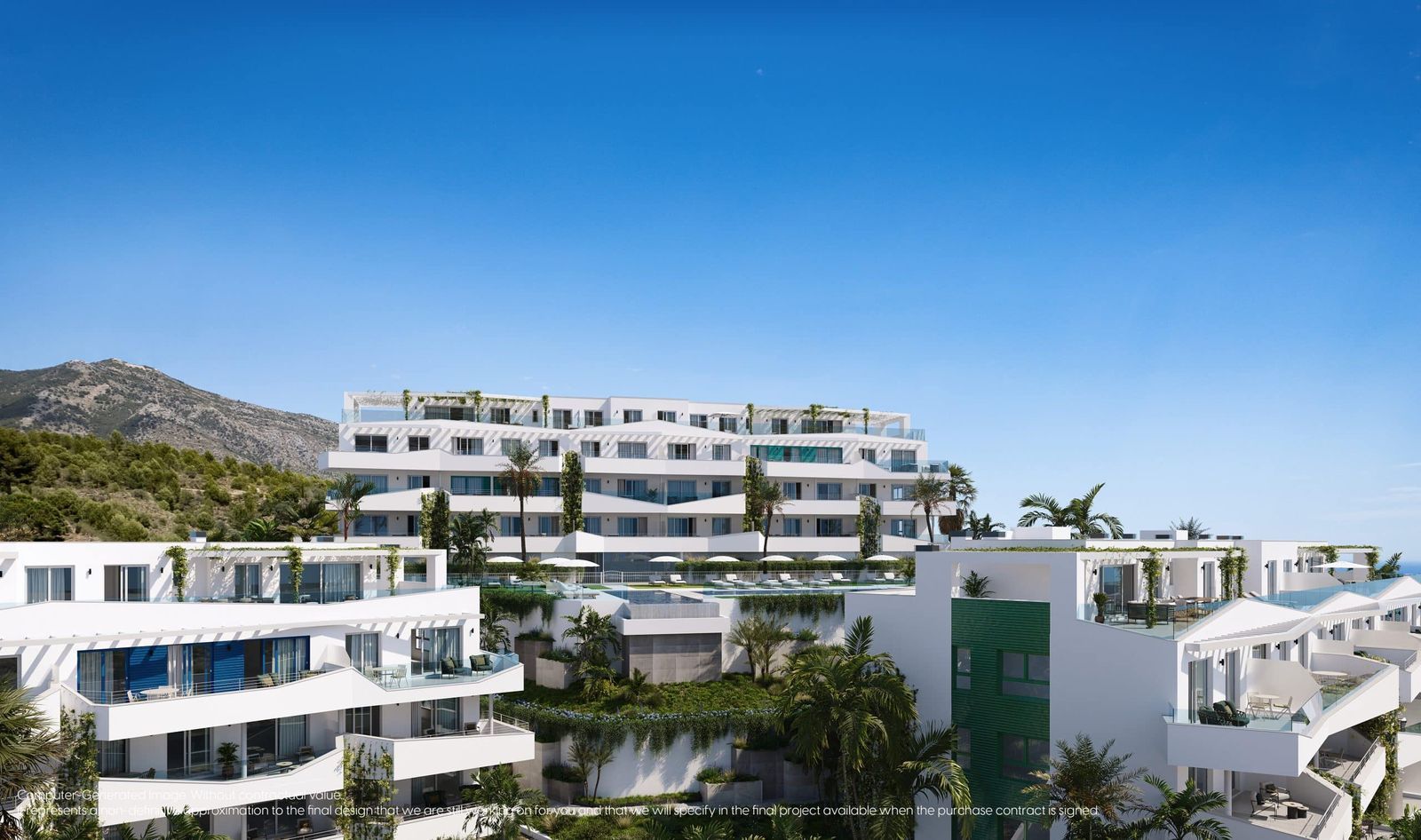 Apartamentos de lujo con vistas al mar en Mijas Costa, España.